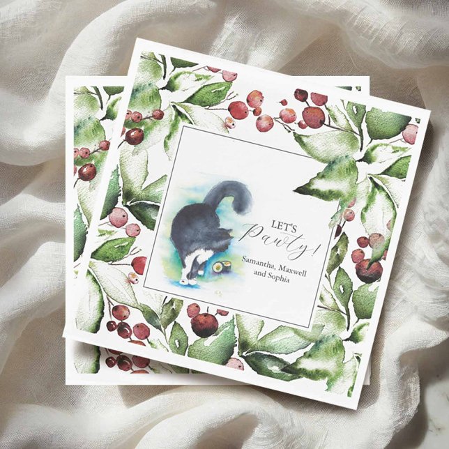 Serviette En Papier Cat Pet Portrait Christmas Cocktail Napkins (Custom cocktail napkins with watercolor cat portraits for weddings, showers, & Christmas parties)