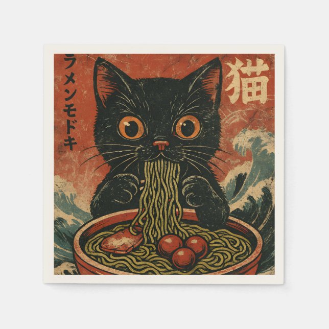 Serviette En Papier Cat Ramen Japonais drôle Graphisme Kawaii Cat Anim (Devant)