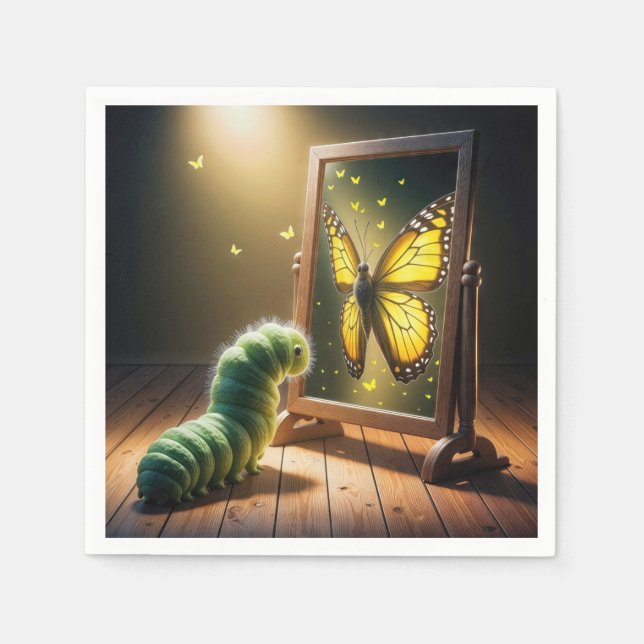 Serviette En Papier Caterpillar Looking At a Butterfly In a Mirror (Devant)