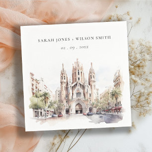 Serviette En Papier Cathédrale de Barcelone Espagne Mariage d'aquarell