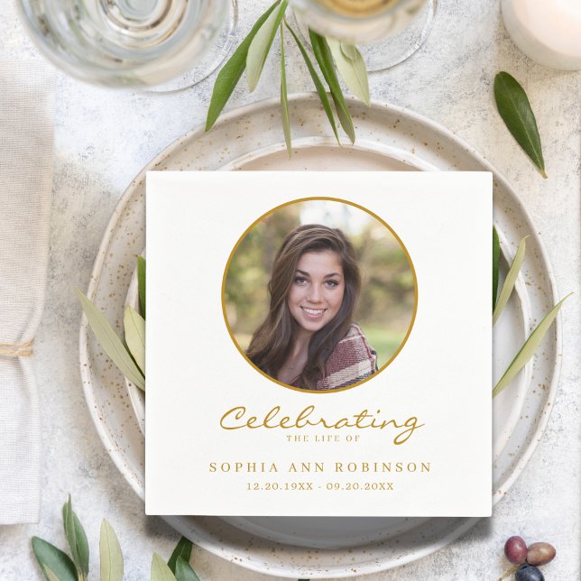 Serviette En Papier Célébration de la vie Photo Gold Script Funéraille (Créateur téléchargé)