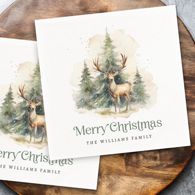 Serviette En Papier Cerf et arbres de Noël Joyeux Noël nom (Stag and Christmas trees Merry Christmas name Napkins)
