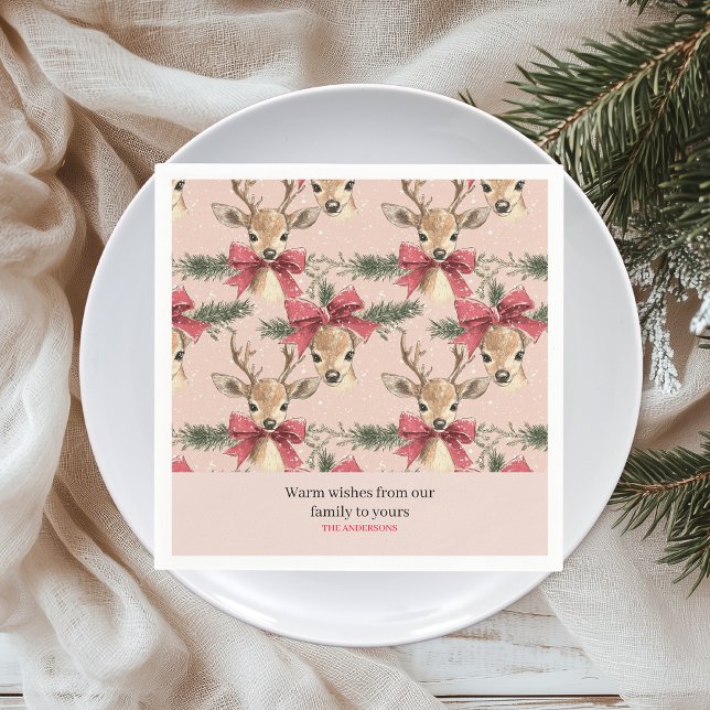 Serviette En Papier Cerf mignon avec Bow rouge | Noël rose (Créateur téléchargé)