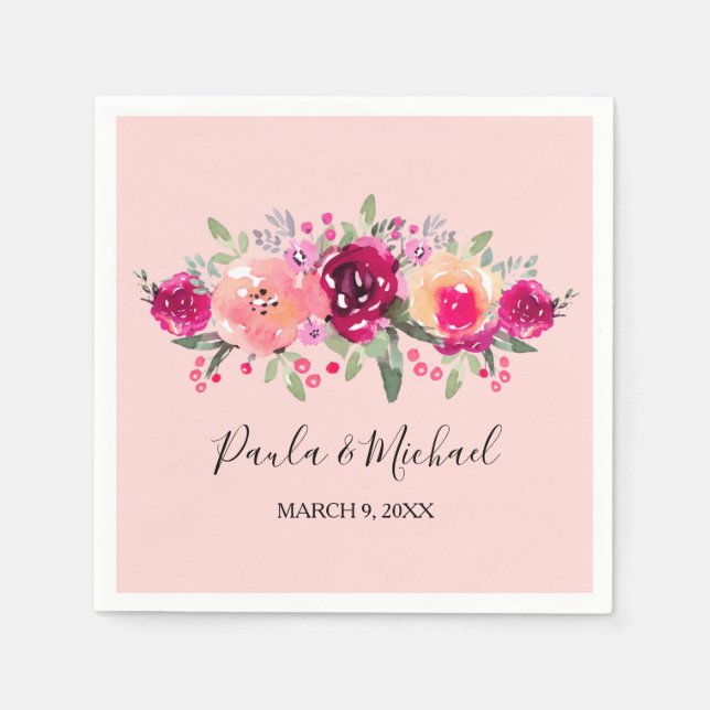 Serviette En Papier Cerise Aquarelle Floral Rose Cocktail Napkin (Devant)