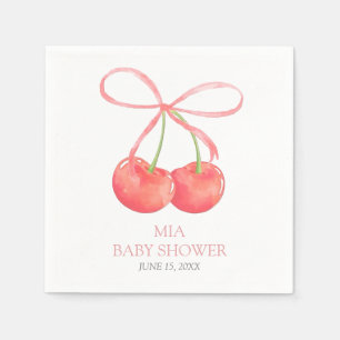 Serviette En Papier Cerise et ruban rose Baby shower fille d'aquarelle
