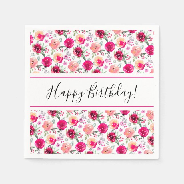 Serviette En Papier Cerise Fleurs Aquarelle Anniversaire (Devant)