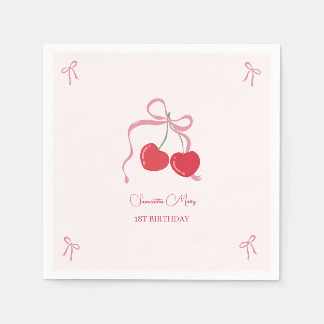 Serviette En Papier Cerise sur le dessus Pink Bow Anniversaire (Devant)