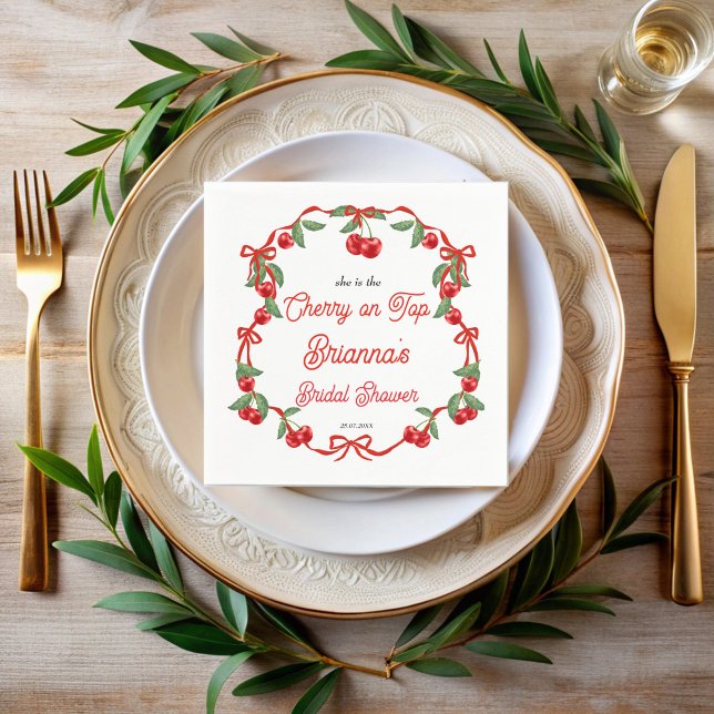 Serviette En Papier Cerise sur ruban coquette douche de mariée (Cherry on top red ribbon coquette cherries berry summer bridal shower personalized printed napkins )