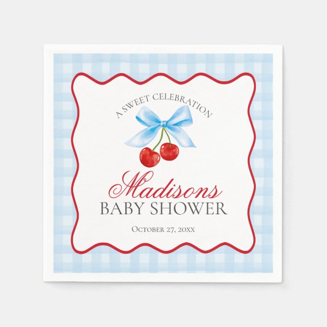 Serviette En Papier Cerise Sweet Bleu Coquette Bow En vichy Baby showe (Devant)