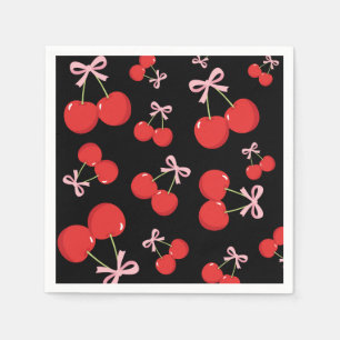 Serviette En Papier Cerises Noires Ruban Rose Coquette Fête d'Annivers
