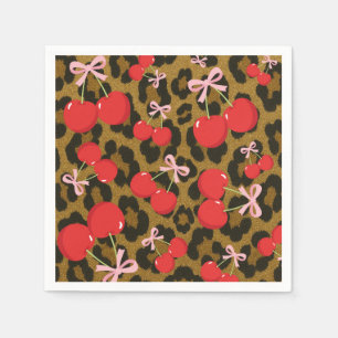 Serviette En Papier Cerises Rouges avec Nœud Rose Imprimé Léopard Coqu