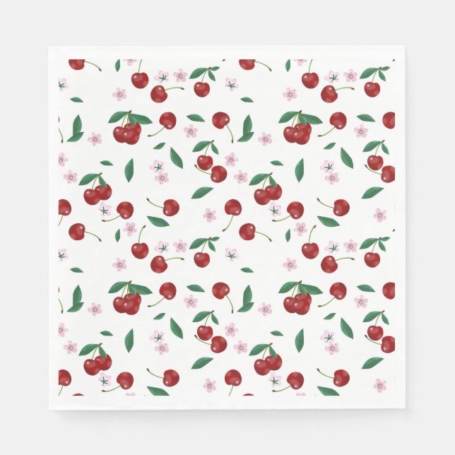 Serviette En Papier Cerises rouges botaniques Verdure et fleurs (Devant)