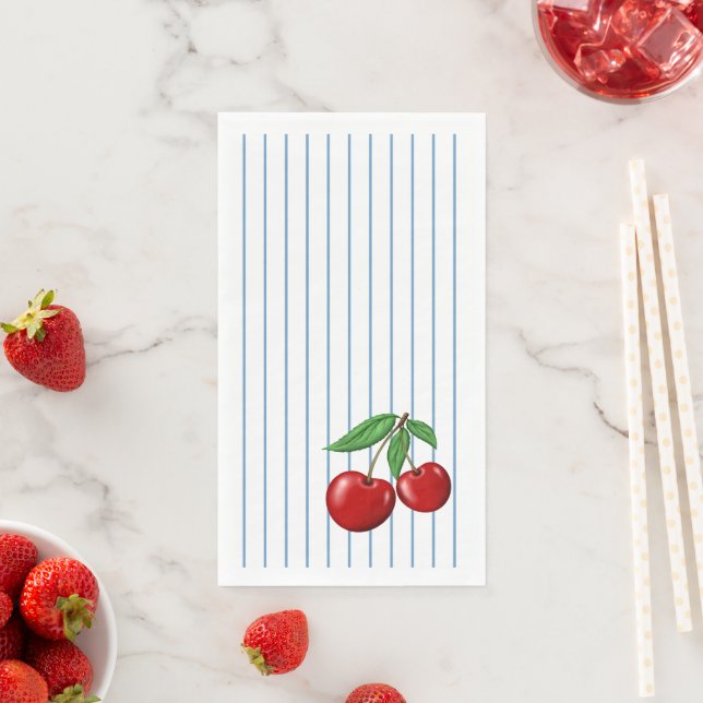 Serviette En Papier Cerises rouges sur Bleues Bleues Fun Retro Design (En situation)