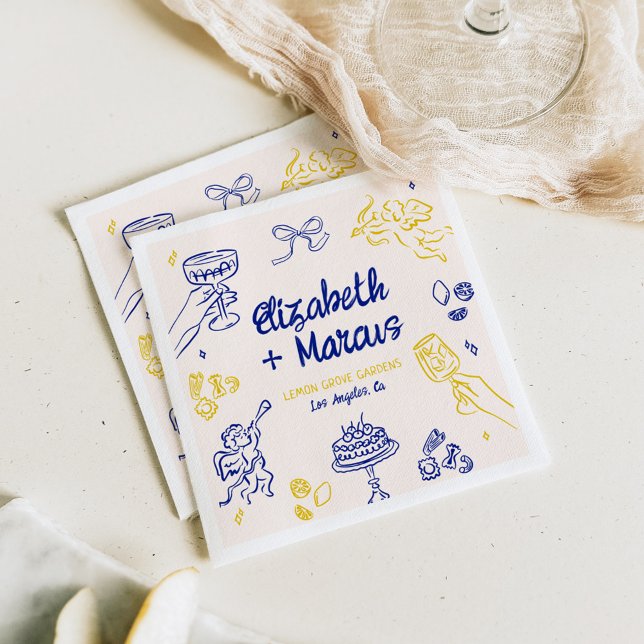 Serviette En Papier C'est Amore ! Fiançailles italien bleu et jaune (Créateur téléchargé)