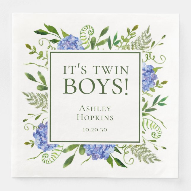 Serviette En Papier C'est Twin Boys Blue Hydrangeas Boy Baby shower (Devant)