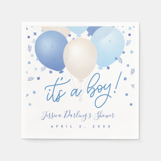 Serviette En Papier C'est un Baby shower garçon Bleu ballons (Devant)