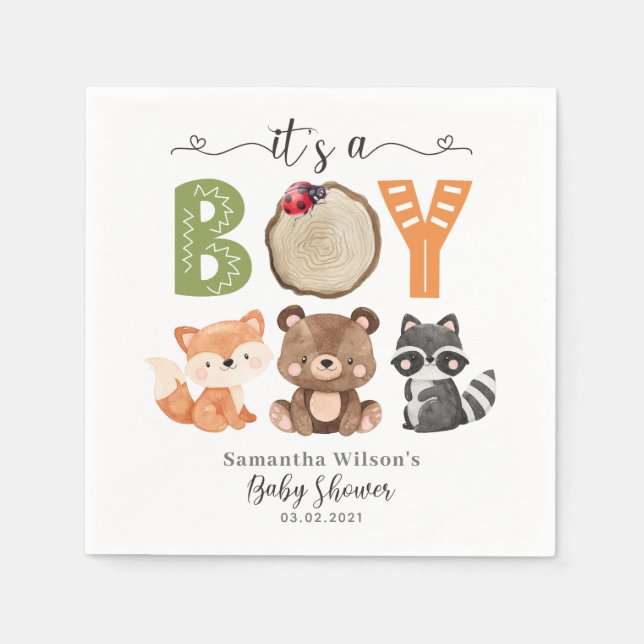 Serviette En Papier C'est un garçon Baby shower d'animaux en bois (Devant)