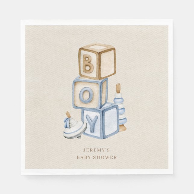 Serviette En Papier C'est un garçon Bleu Boho Blocs et jouets en bois (Devant)