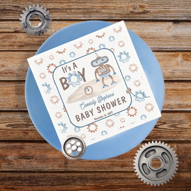 Serviette En Papier C'est un garçon mignon bleu | Baby shower Robot Gr (Blue, greige and white "It's A Boy" Cute Robot-Themed Baby Shower Paper Napkins)