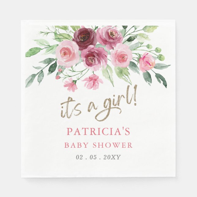 Serviette En Papier C'est une fille Baby shower Floral rose Bourgogne  (Devant)