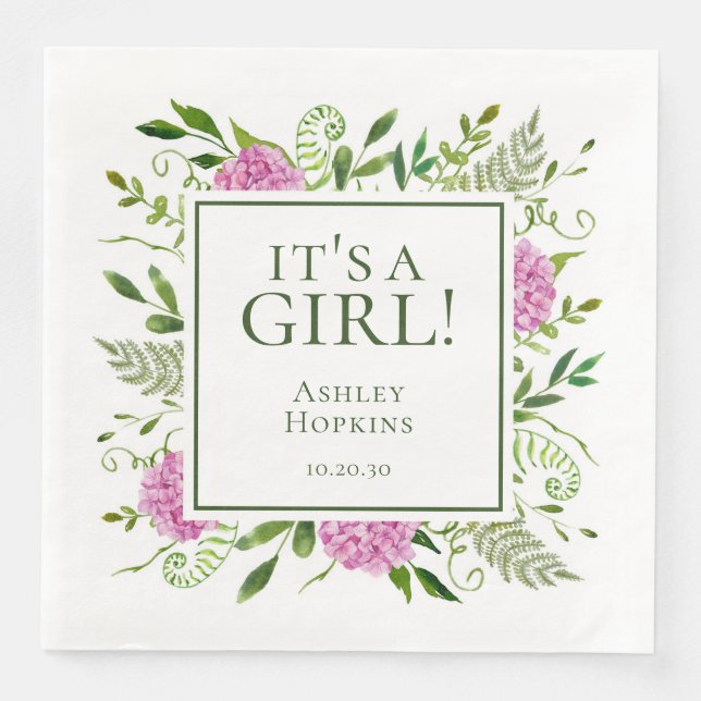 Serviette En Papier C'est une fille rose Hydrangeas Baby shower fille (Devant)