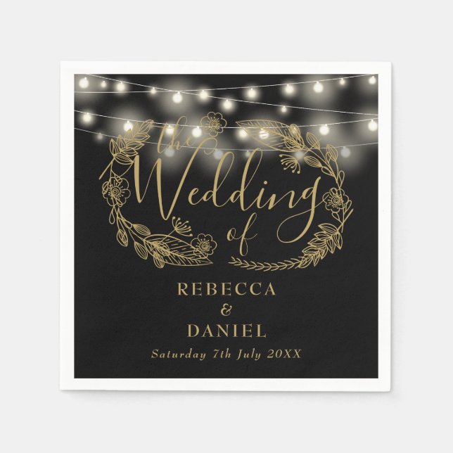 Serviette En Papier Chaîne Lights Floral Noir Et Mariage Or (Devant)