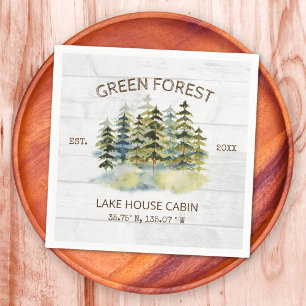 Serviette En Papier Chalet de forêt vintage aux pins verts brumeux