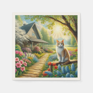 Serviette En Papier Chalet de printemps/jardin & chat
