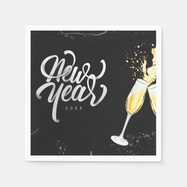 Serviette En Papier Champagne Gold Black Verre Confetti Moderne (Devant)