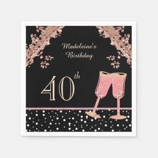 Serviette En Papier Champagne Noir et Or Rose Cocktail pour 40e Annive