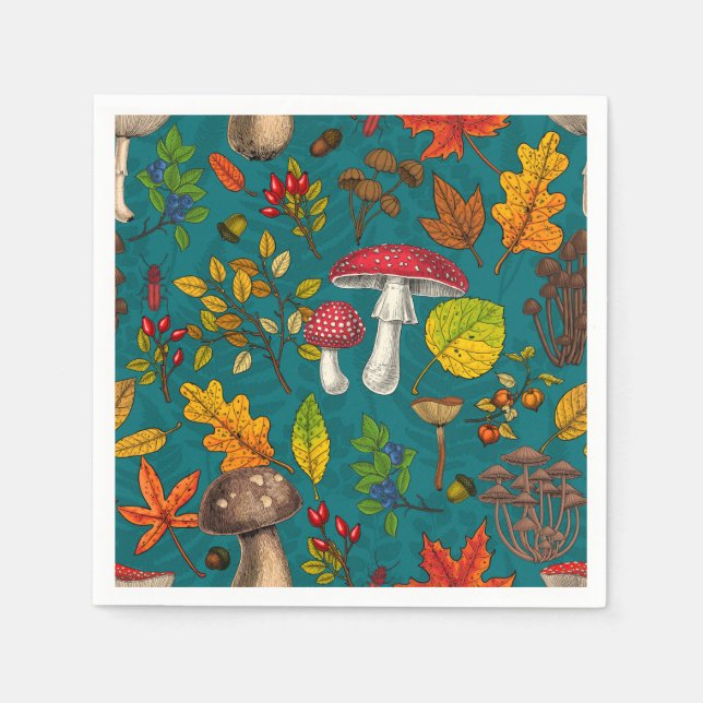 Serviette En Papier Champignons d'automne, feuilles, noix et baies sur (Devant)