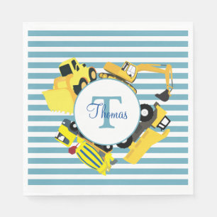 Serviette En Papier Chariots de construction Bleu rayures Monogramme