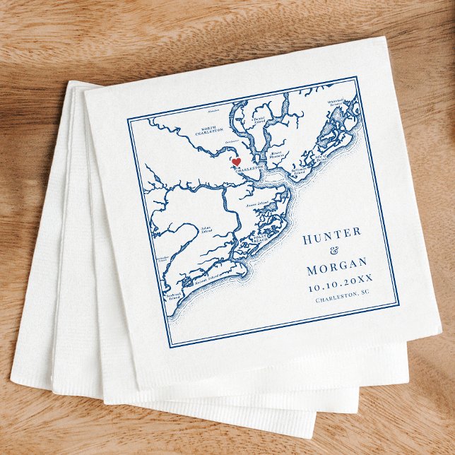 Serviette En Papier Charleston Caroline du Sud Carte Mariage élégant (Charleston South Carolina Map Napkins for an Elegant Navy Blue wedding from Coastal Map Designs)