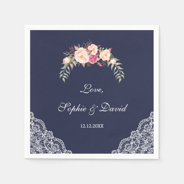 Serviette En Papier Charm Blush rose Fleurs dentelle Mariage Marine (Devant)