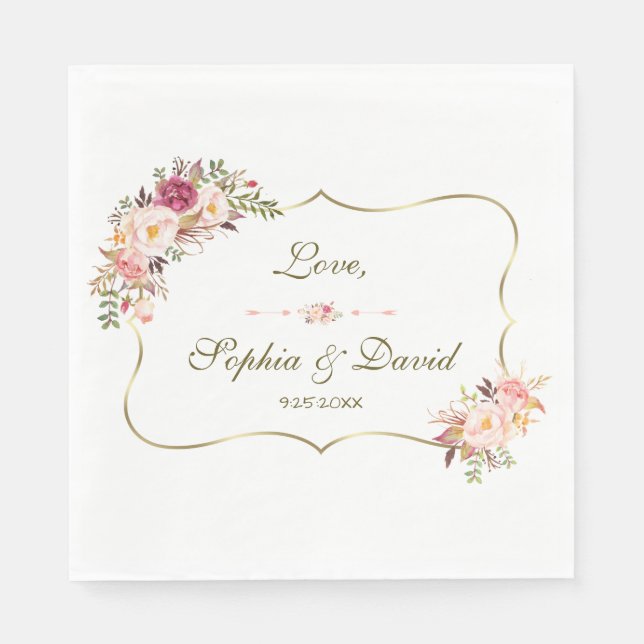 Serviette En Papier Charm Gold Blush rose Mariage floral (Devant)