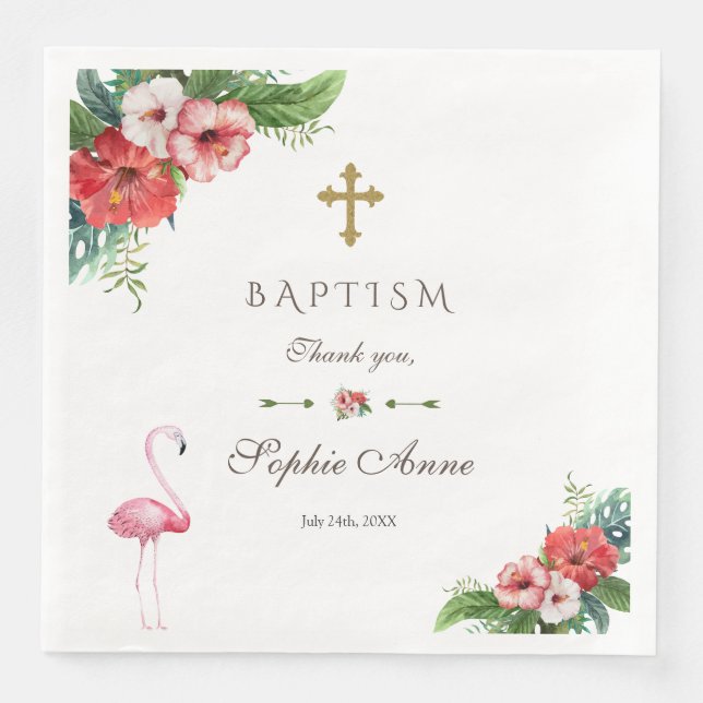 Serviette En Papier Charm Luau Flamant rose Tropical Floral Baptism In (Devant)