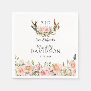 Serviette En Papier Charm rose Fleurs rousses Antlers Mariage Monogram