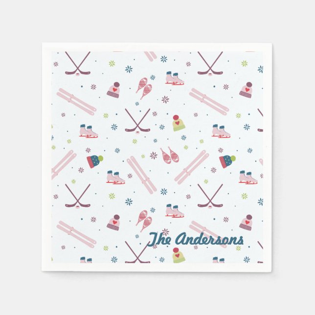 Serviette En Papier Charmant sports d'hiver personnalisés rose bleu (Devant)