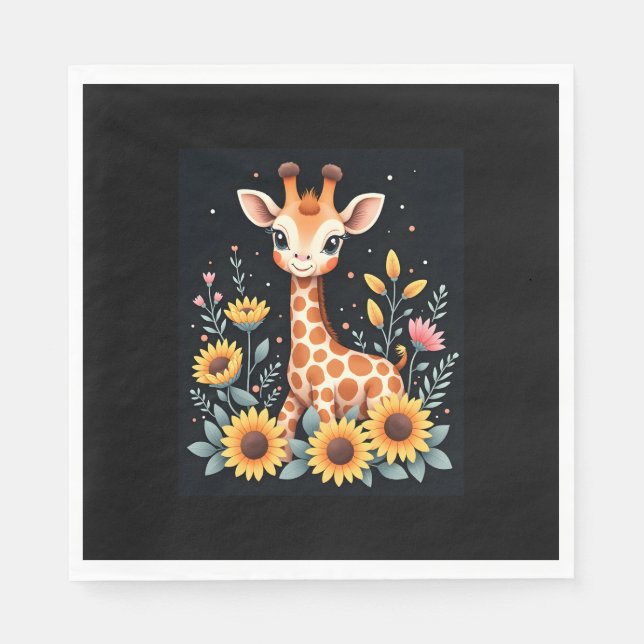 Serviette En Papier Charmante Giraffe Entourée De Fleurs Longues Manch (Devant)