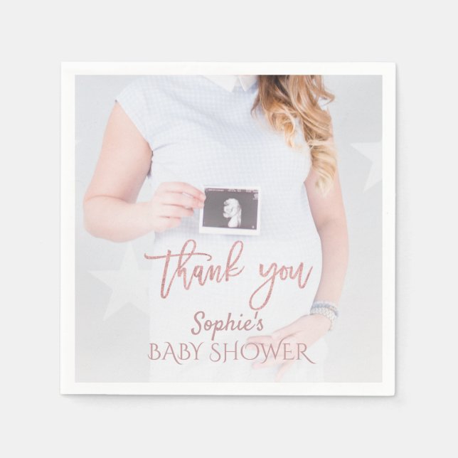 Serviette En Papier Charme Baby shower photo Rose Merci or  (Devant)