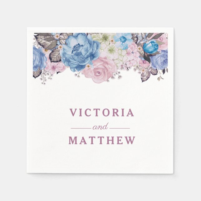 Serviette En Papier Charme parisien Dîner Monogramme Mariage bleu et r (Devant)