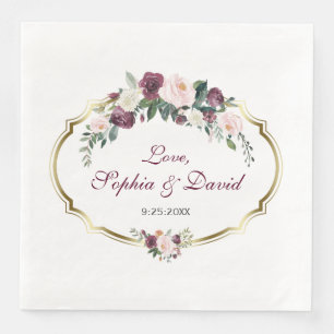 Serviette En Papier Charming or Bourgogne Blush Floral Mariage