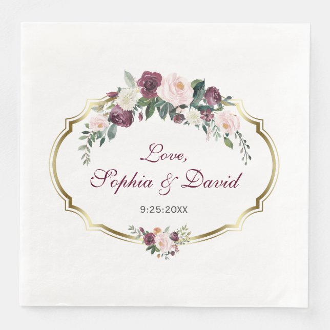 Serviette En Papier Charming or Bourgogne Blush Floral Mariage (Devant)