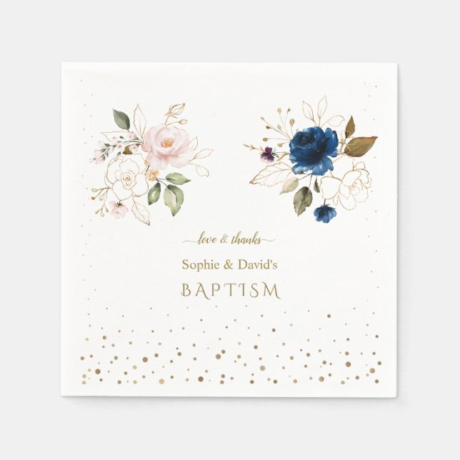 Serviette En Papier Charming Rose Blue Gold Flowers Twins Baptême (Devant)