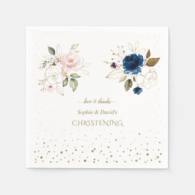 Serviette En Papier Charming Rose Blue Gold Flowers Twins Christening (Devant)