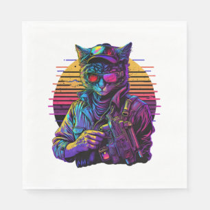 Serviette En Papier Chat armé dans la ville de nuit jeu Cyberpunk