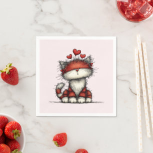 Serviette En Papier Chat avec des cœurs rouges mignon et amusant