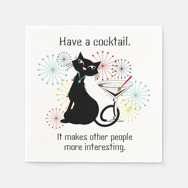 Serviette En Papier Chat avec Martini Papier en Verre Napkin (Devant)