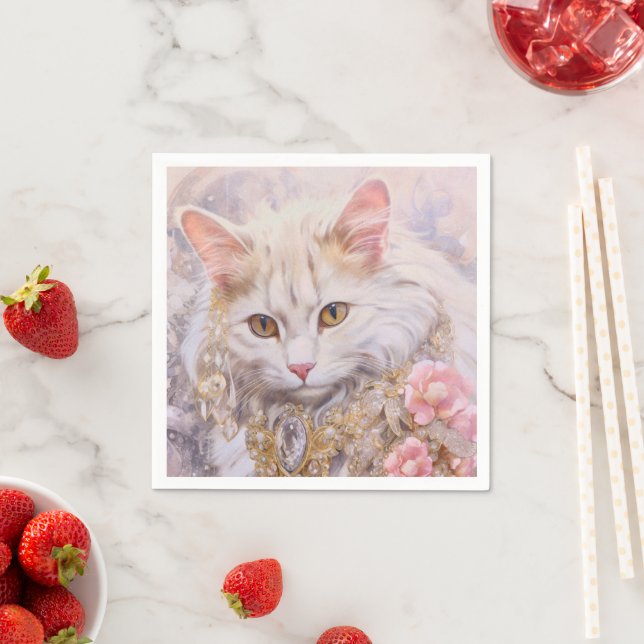 Serviette En Papier Chat blanc élégant en or et diamants (En situation)