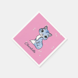 Serviette En Papier Chat bleu mignon sur nom personnalisé rose